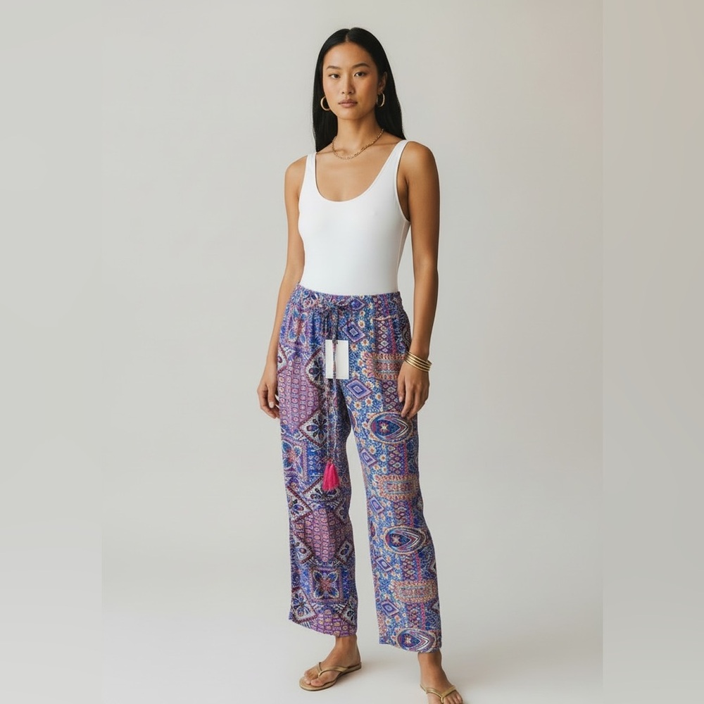 NWT Paisley Satin Wide Leg Palazzo Pants Boho Tassel Chelsea & Theodore Small